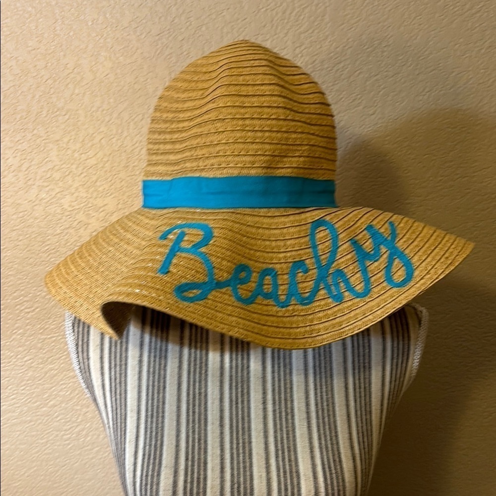 NEW Sun Hat Tan Straw Wide-Brimmed Blue Beach Text Foldable UPF 50+ Floppy Hat